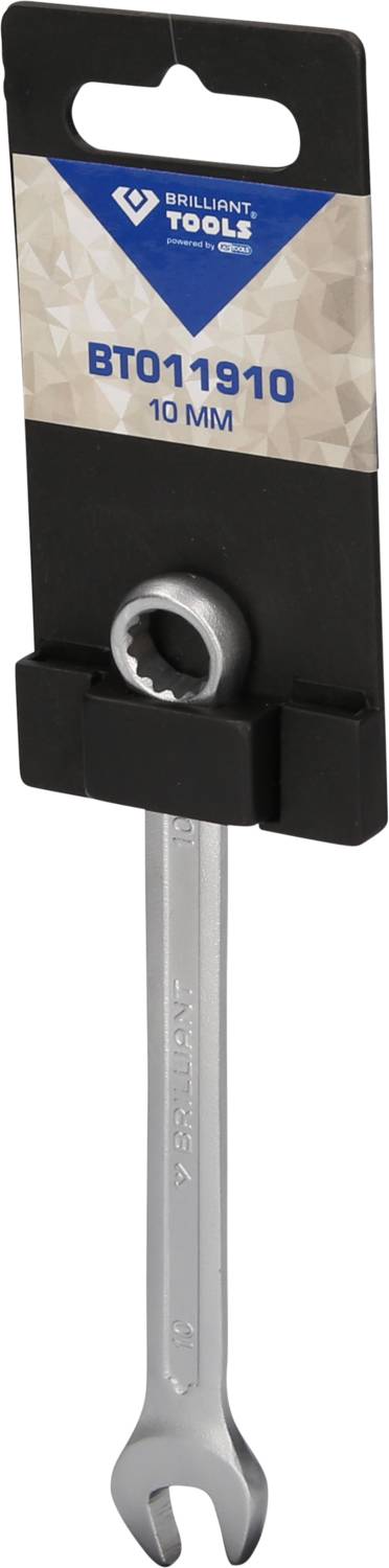 Ein Ring-Maulschlüssel von 'Brilliant Tools', Größe 10 mm, in einer Verpackung zu sehen.