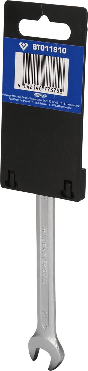 Schraubenschlüssel mit Verpackungshänger, Artikelnummer BT011910. Eignet sich zum Anziehen oder Lösen von Schrauben, silberne Farbe.