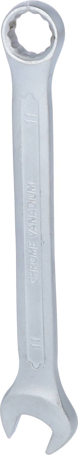 Schraubenschlüssel aus Metall, silberfarben, mit offener Maul- und Ringseite, für das Lösen oder Anziehen von Schrauben und Muttern.