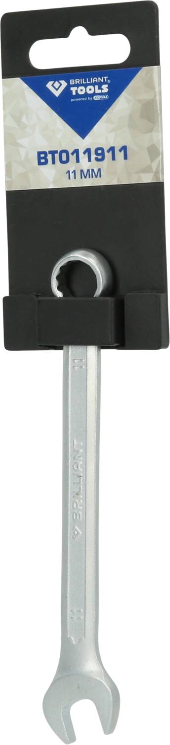 Maulschlüssel aus Metall, Größe 11 mm, verpackt in schwarzem Halter mit blauem Etikett, Markenname oben.