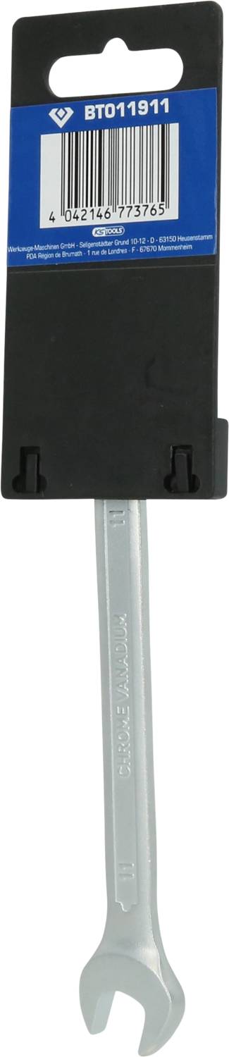 Ein silberner Schraubenschlüssel in Originalverpackung mit blauem Etikett und Barcode oben.