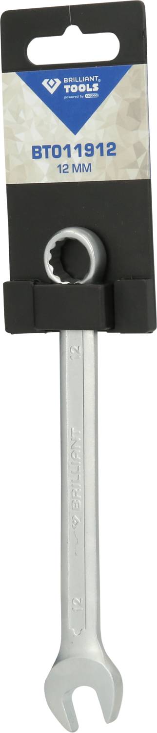 Ein 12 mm Gabelschlüssel, befestigt in einer schwarzen Halterung, mit der Aufschrift 'BT011912', von Brilliant Tools.