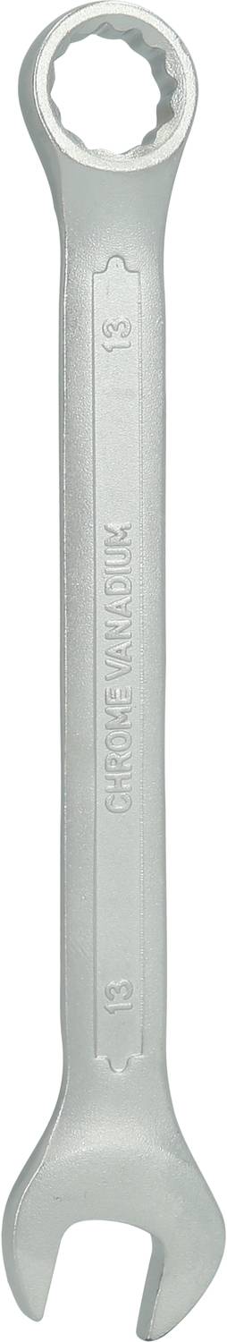 Ein silberner, offener Ringschlüssel in vertikaler Ausrichtung, zeigt die geschlossene Seite oben und die offene Seite unten.