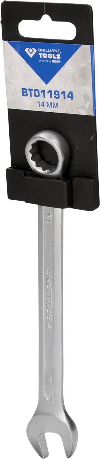 Ein Maulschlüssel der Marke Brilliant Tools, 14 mm, mit Verpackung. Der Schlüssel hat eine offene und eine geschlossene Seite.