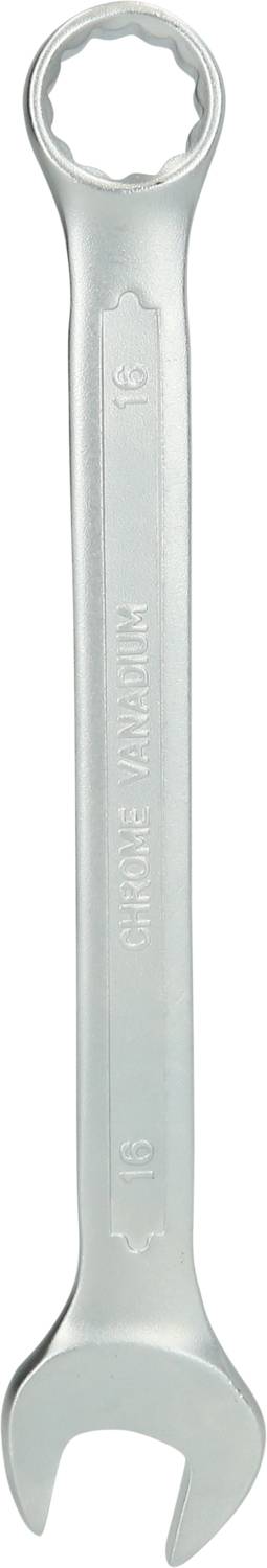 Silberner Schraubenschlüssel mit Ring- und Maulende, geeignet für Muttern oder Schrauben, auf weißem Hintergrund.