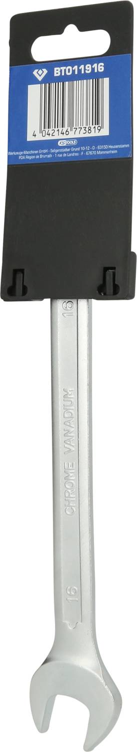 Ein silberner Schraubenschlüssel aus Metall, in einer schwarz-blauen Verpackung mit Barcode oben, Größe auf Werkzeug geprägt.