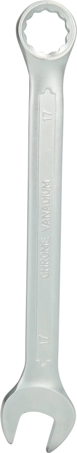 Ein silberner Schraubenschlüssel mit einer offenen und einer geschlossenen Seite, geeignet für die Größen 17 mm.
