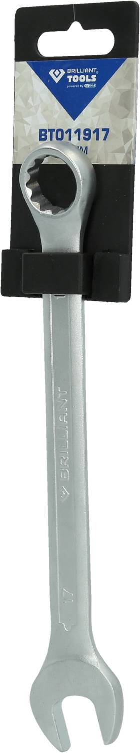 Ein Schraubenschlüssel in einer Verpackung mit der Aufschrift 'TOOLS BT011917'. Der Schlüssel hat einen offenen und einen ringförmigen Kopf.