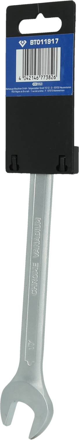 Ein silberner Schraubenschlüssel in der Verpackung, aufrecht stehend, mit einem schwarzen und blauen Etikett oben angebracht.