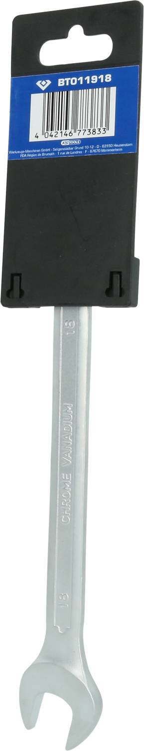 Ein silberner Gabelschlüssel mit einer schwarzen und blauen Verpackung, die einen Barcode trägt, wird vertikal angezeigt.