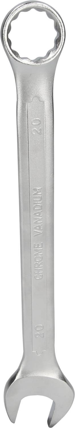 Ein metallischer Schraubenschlüssel mit geöffneter und geschlossener Seite, geeignet für verschiedene Schraubengrößen.