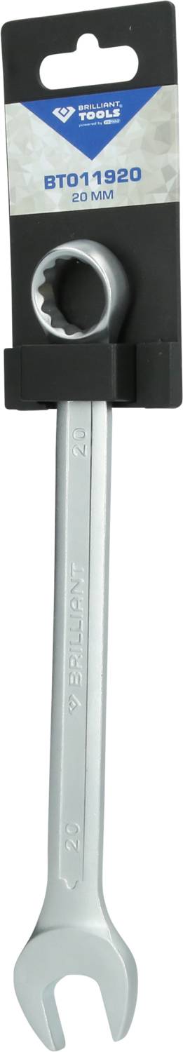 Ein silberner Schraubenschlüssel mit offenem Ende und Ringende, 20 mm Größe, in einer schwarzen Verpackung mit blauer Markenetikett.