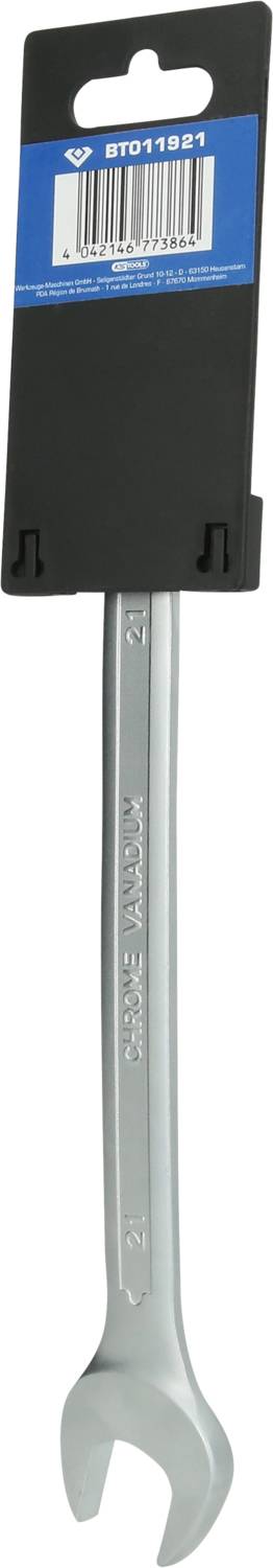 Chrom-Vanadium-Schraubenschlüssel Größe 22 mm, auf schwarzem Kartonhalter mit blauem Etikett und Barcode.