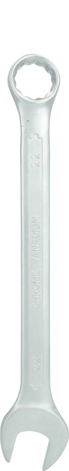 Ein silberner Doppel-Maulschlüssel mit einer offenen und einer ringförmigen Seite, für das Drehen von Schrauben und Muttern geeignet.