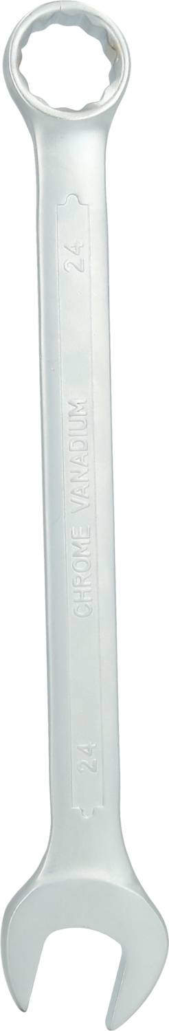 Gabelschlüssel aus Metall mit zwei Enden: Einem Ringschlüssel und einem offenen Maulschlüssel. Werkzeug zur Befestigung von Schrauben.