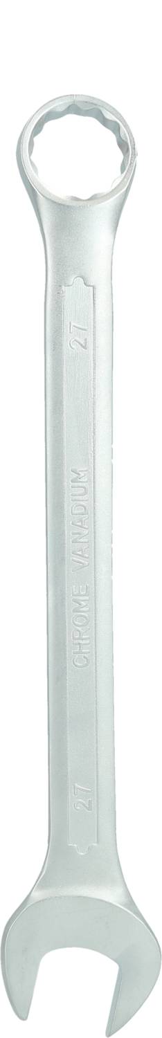 Ein silberner Schraubenschlüssel mit einer offenen und einer geschlossenen Seite, aufrecht stehend, auf weißem Hintergrund.