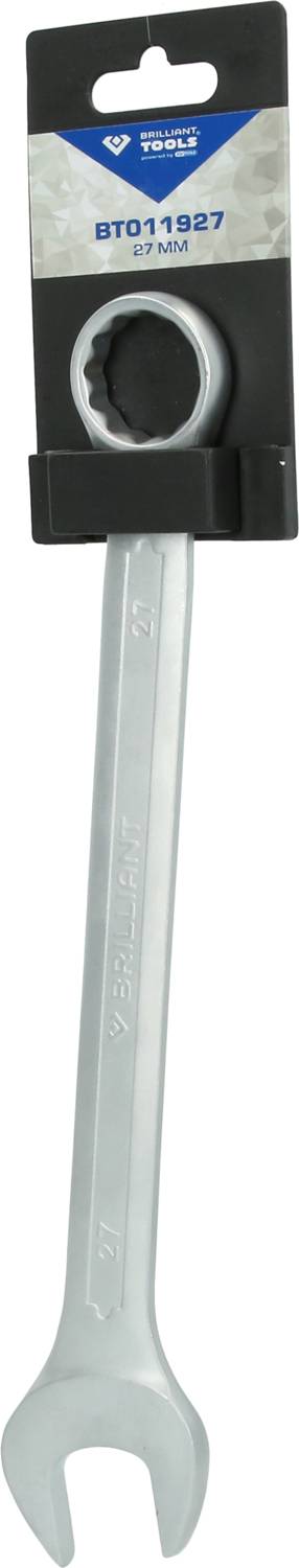 Ein silberner Schraubenschlüssel in einer schwarzen Verpackung mit der Aufschrift '27 mm'.