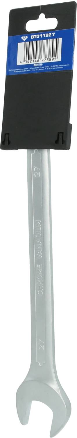 Ein silberner Maulschlüssel mit einer schwarzen und blauen Verpackung oben.