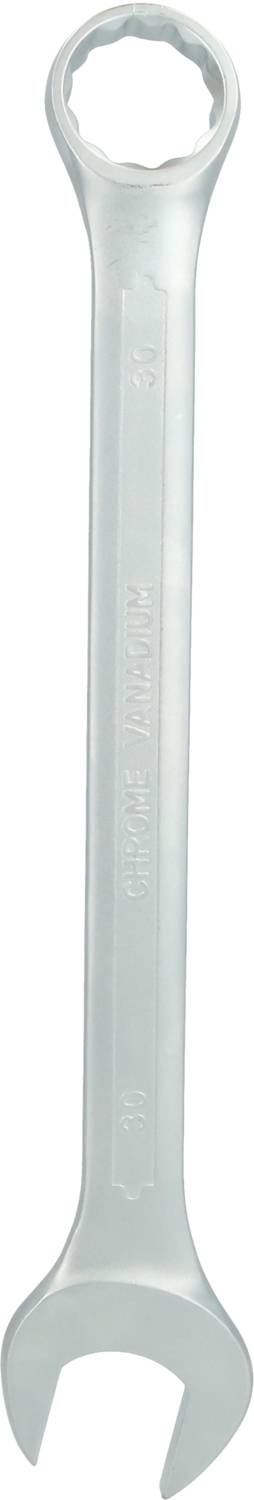 Ein silberner Schraubenschlüssel mit offenen und Ringenden für die Befestigung und Entfernung von Schrauben und Muttern.