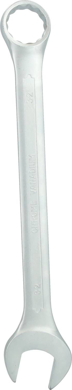 Ein silberner Schraubenschlüssel mit einem Ring- und einem Maulende, nützlich zum Festziehen oder Lösen von Schraubverbindungen.