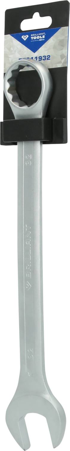 Schraubenschlüssel aus Metall mit offenem und Ringschlüsselkopf. Verpackung im oberen Teil sichtbar.