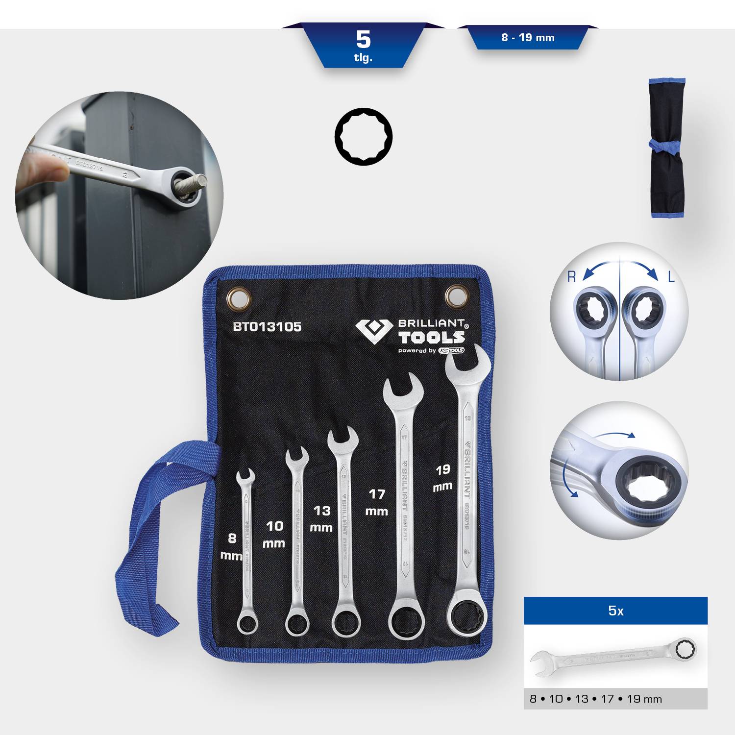 Brilliant Tools BT013105 BT013105 Ring-Ratschenschlüssel-Satz Schlüsselweite (Metrisch) 8 - 53 mm
