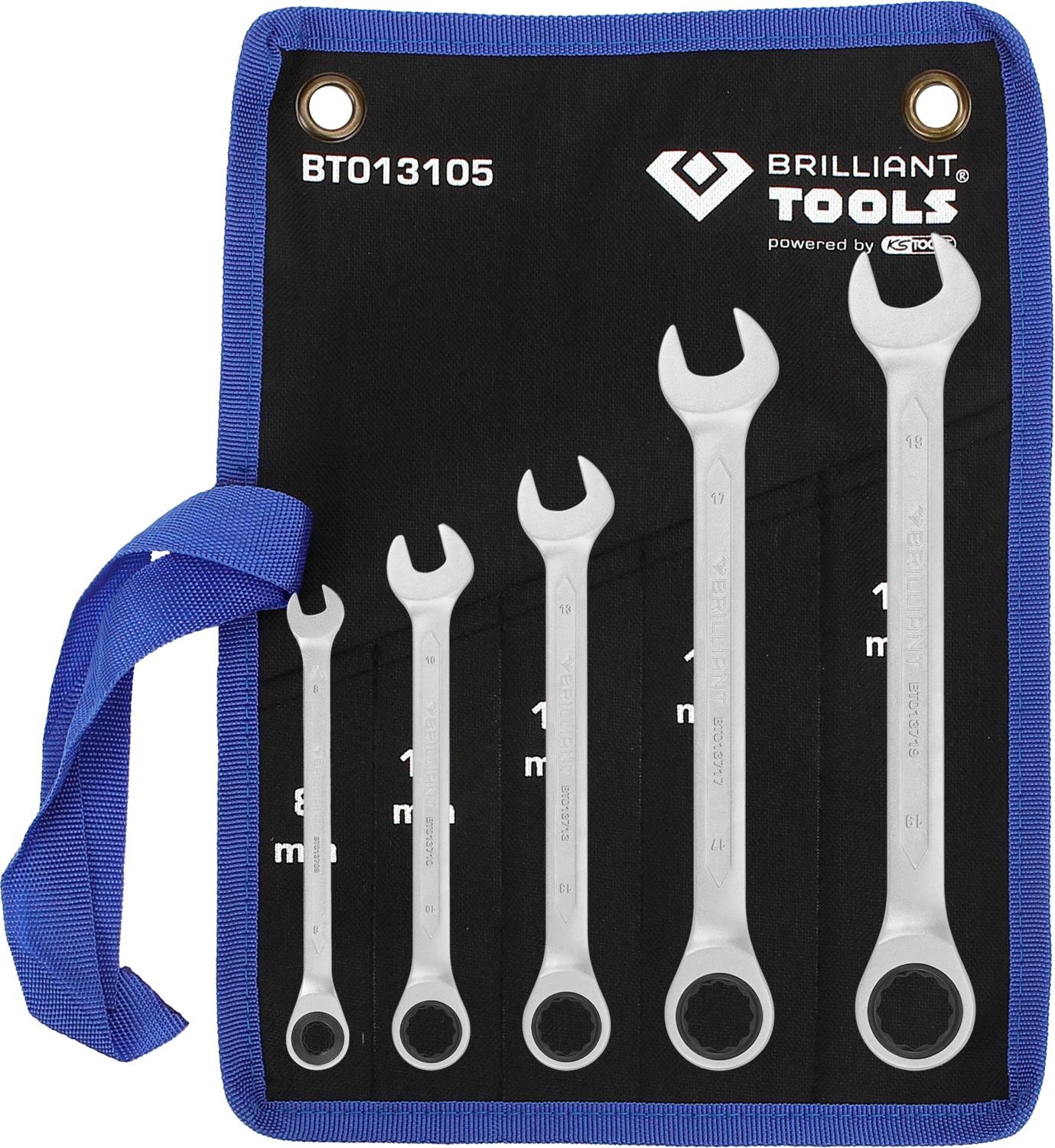 Ein Set von fünf unterschiedlich großen Schraubenschlüsseln in einer blauen Werkzeugtasche, mit Aufschrift 'BRILLIANT TOOLS'.