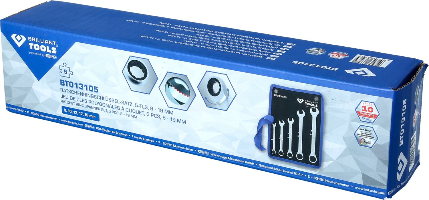 Box von Brilliant Tools mit Ratschenringschlüssel-Set, 5 Teile, 8-19 mm.