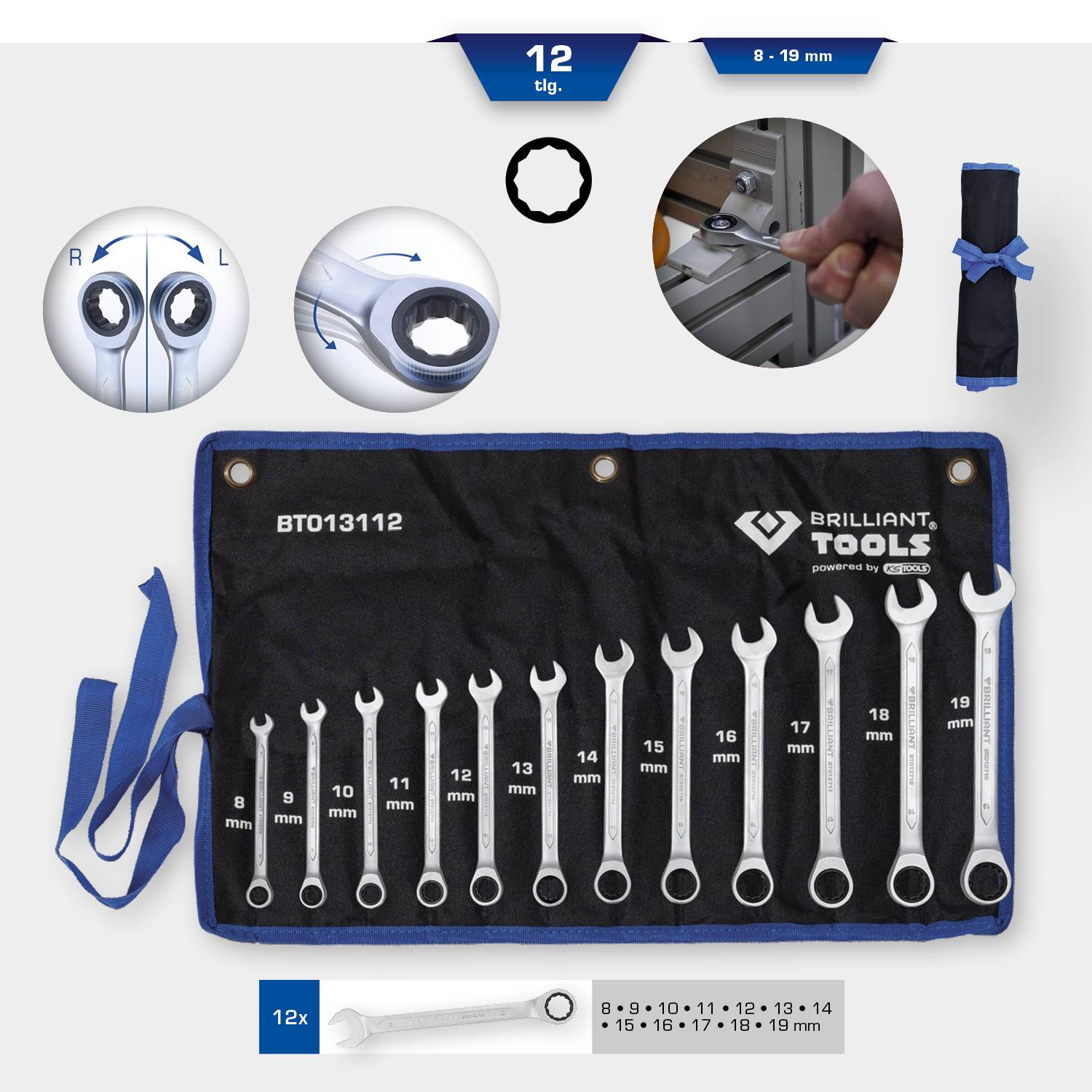 Brilliant Tools BT013112 BT013112 Ring-Ratschenschlüssel-Satz Schlüsselweite (Metrisch) 8 - 53 mm