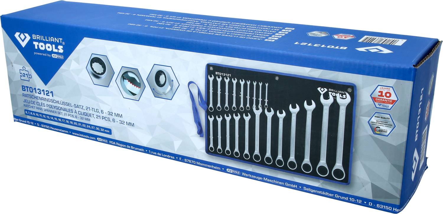 Ein Set aus 12 Ratschenschlüsseln in verschiedenen Größen auf einer blauen Verpackung von 'Brilliant Tools', Modell BT013121.