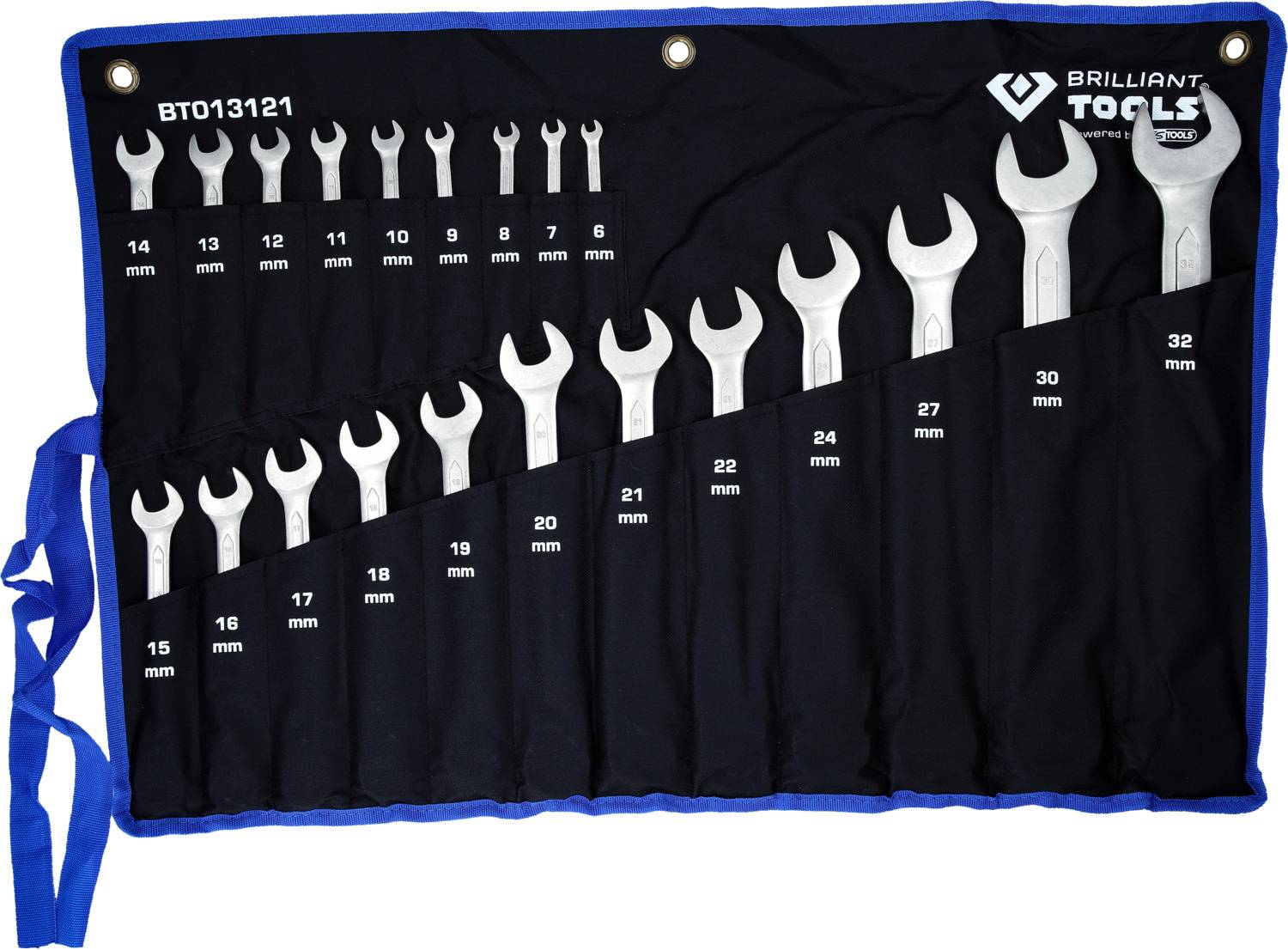 Rolltasche mit 18 unterschiedlichen Schraubenschlüsseln, sortiert nach Größe von 6 mm bis 32 mm.