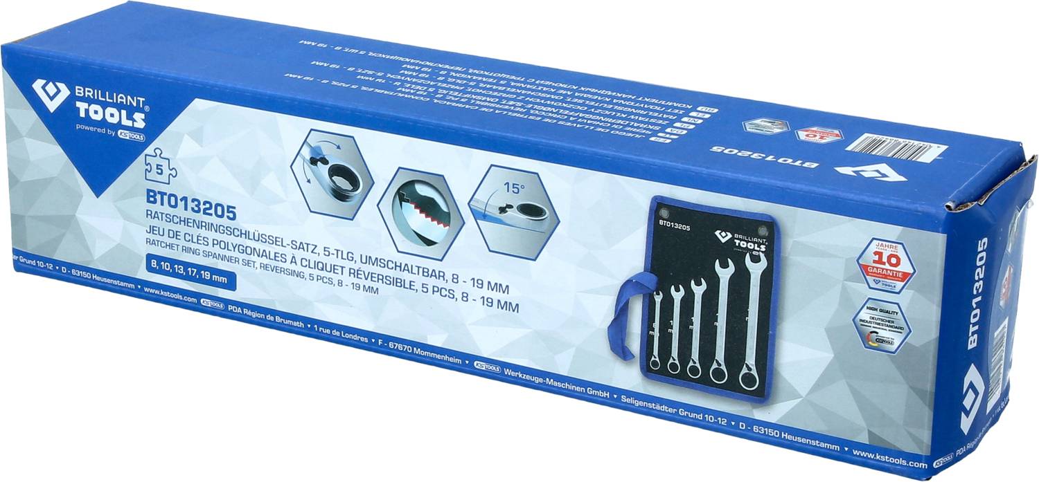 'Brilliant Tools' Steckschlüssel-Set BT013205, 5 Teile, Größen 8–19 mm, im blauen Karton, mit Bild des Inhalts und technischen Details.
