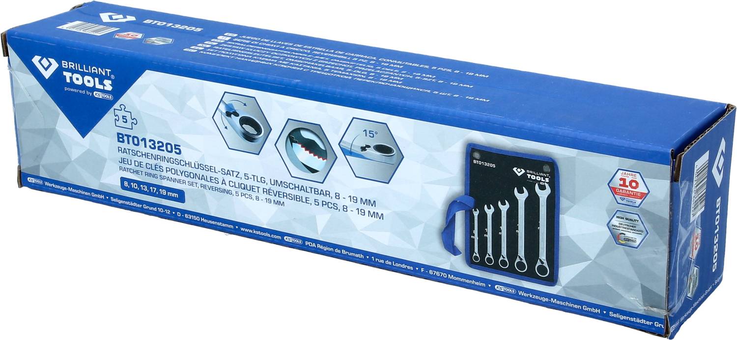 Verpackung eines 5-teiligen Ratschenschlüssel-Sets der Marke Brilliant Tools, zeigt Produktbilder und technische Details.