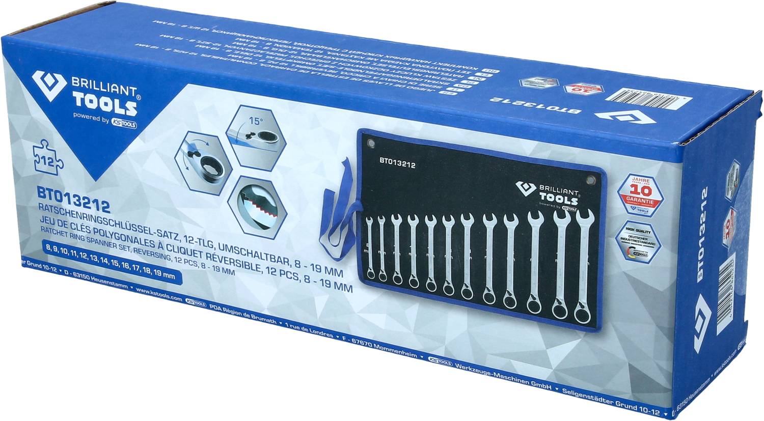 Werkzeugkasten mit einem Satz von 12 Ring-Maulschlüsseln in Größe 8-19 mm, verpackt in einer blauen Schachtel mit Markenlogo.