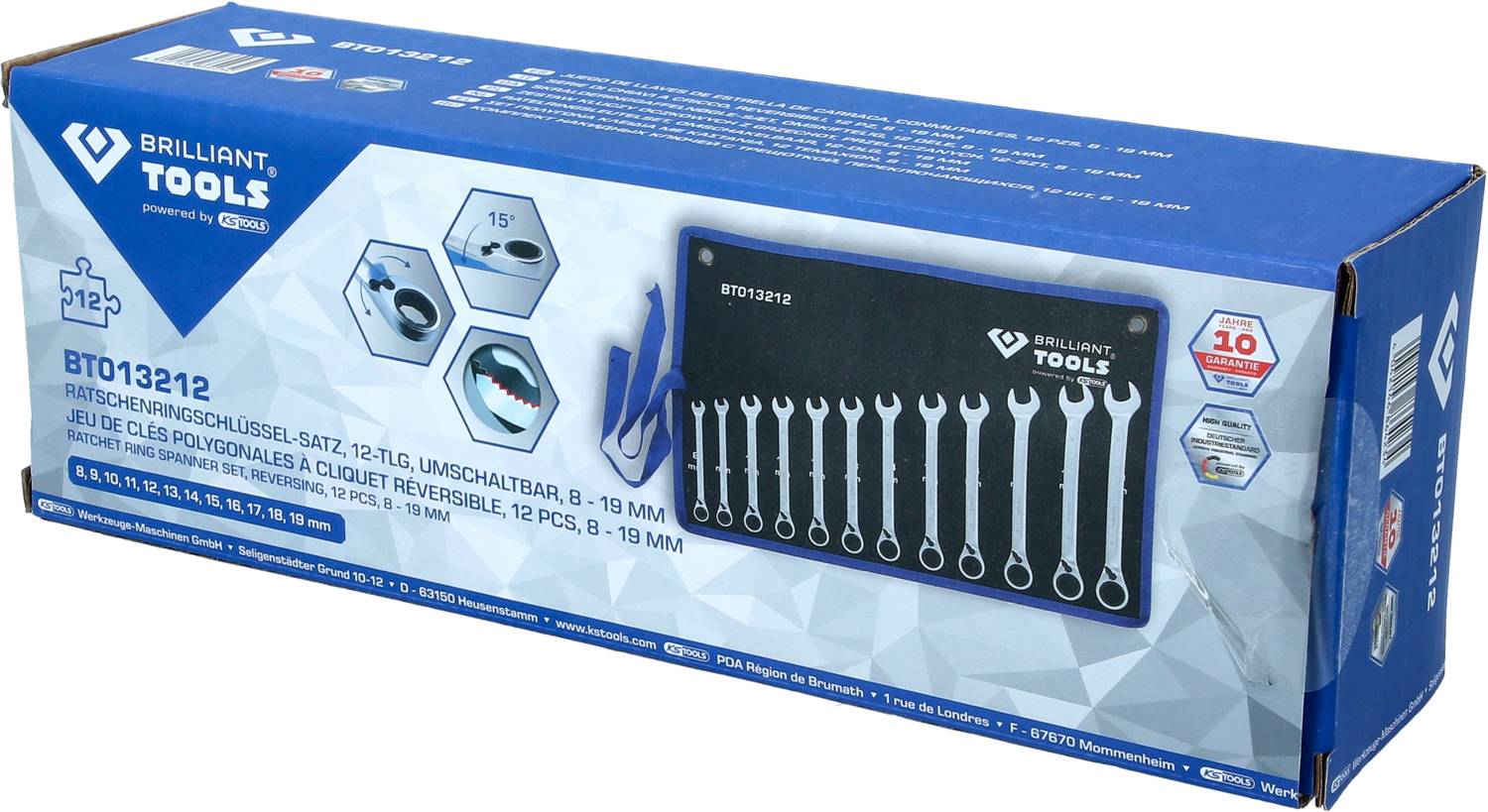 Verpackung eines Ringratschenschlüsselsatzes mit 12 Teilen, Größen 8-19 mm. Blaues Design mit Abbildung des Werkzeugs und Logo.