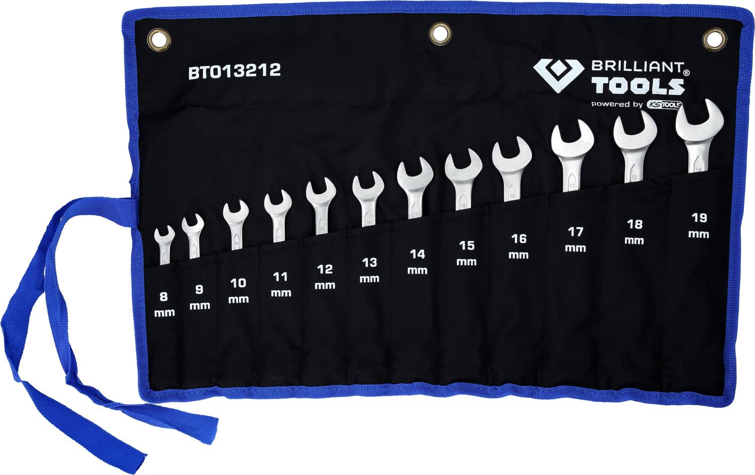 Ein Rolltasche mit zwölf Gabelschlüsseln, sortiert von 8 mm bis 19 mm, mit Aufschrift rechts oben 'Brilliant Tools'.