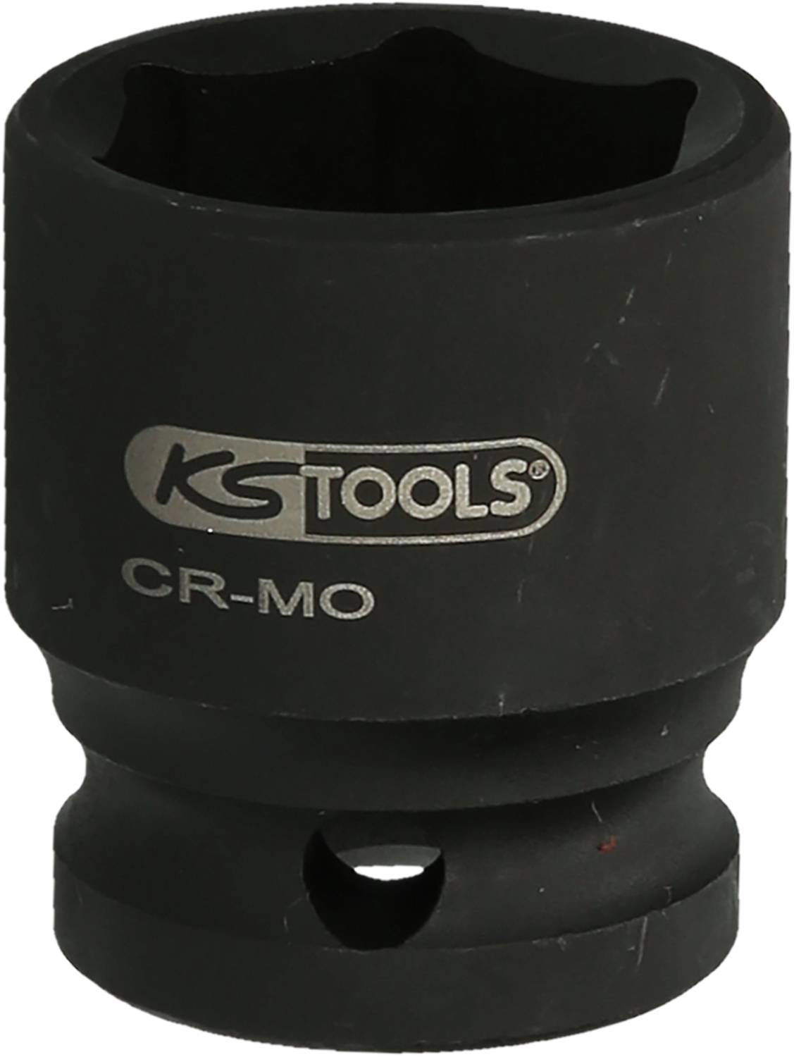 Eine schwarze Stecknuss von KS Tools aus CR-MO (Chrom-Molybdän) Stahl, zylindrische Form, geeignet für hohe Belastungen.