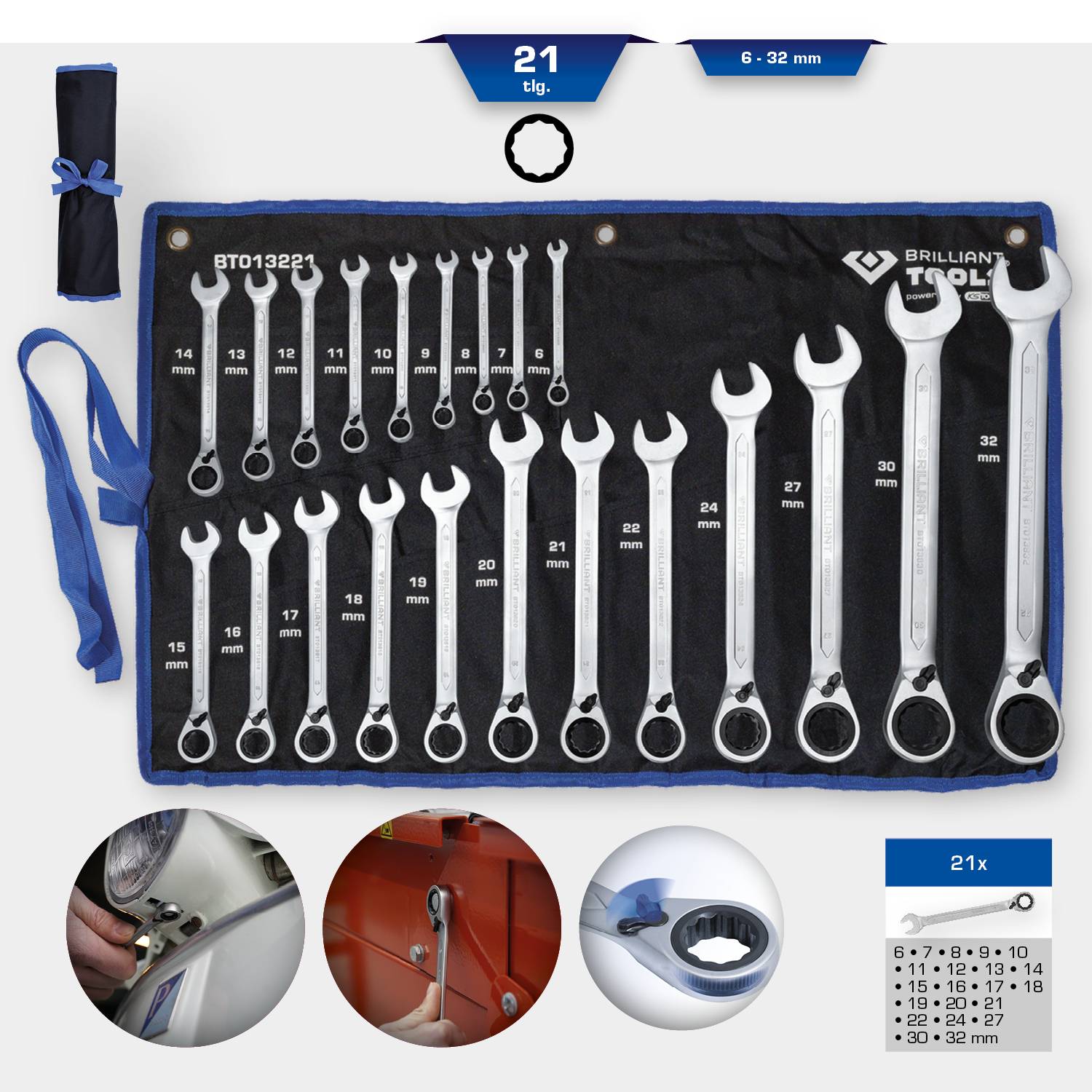 'Brilliant Tools' Schraubenschlüssel-Satz, 21-teilig, Größen: 6-32 mm. Enthält eine Aufbewahrungstasche. Anwendungen illustriert.