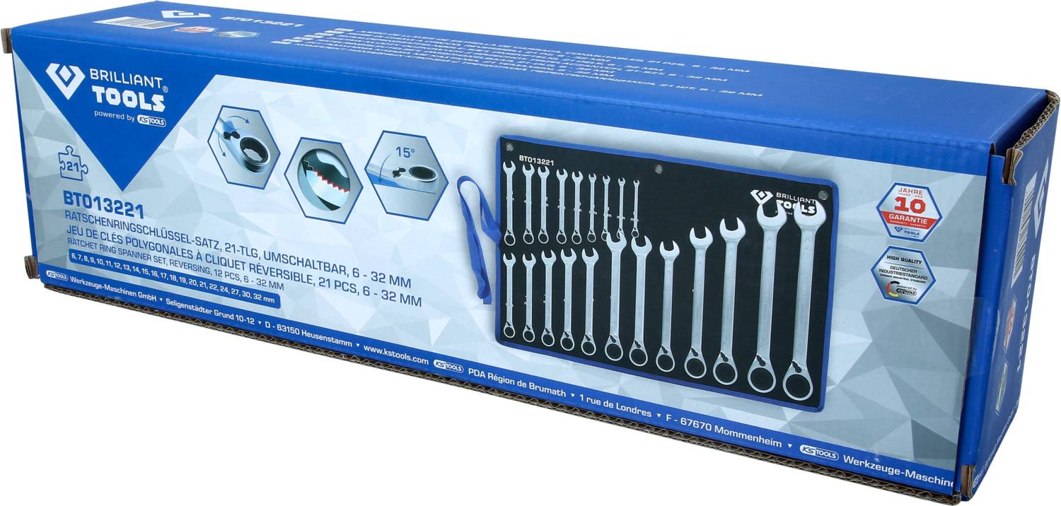 Verpackung eines Brilliant Tools Ringschlüssel-Satzes mit 8 Stück von 6 bis 32 mm, inklusive Aufbewahrungshalter und Garantiehinweis.