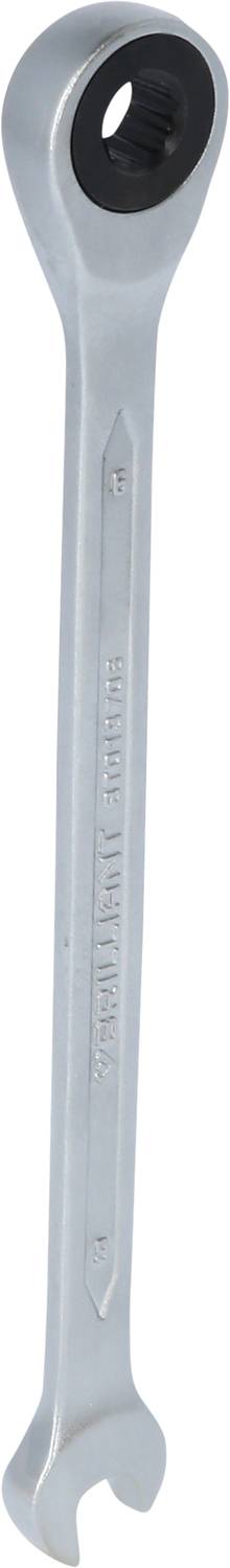 Ein silberfarbener Schraubenschlüssel mit einer offenen und einer Ratschen-Kopfseite, vertikal ausgerichtet.