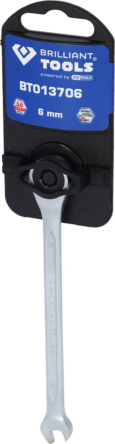 Maulschlüssel von Brilliant Tools, Modell BT013706, 6 mm, in einer schwarzen Verpackung mit blauem Etikett, geeignet für Wartungsarbeiten.