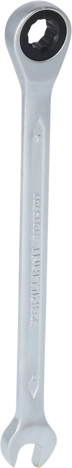 Ein silberner Schraubenschlüssel mit Ratschenfunktion, ausgestattet mit einem offenen Ende und einem Steckschlüsseleinsatz am anderen Ende.