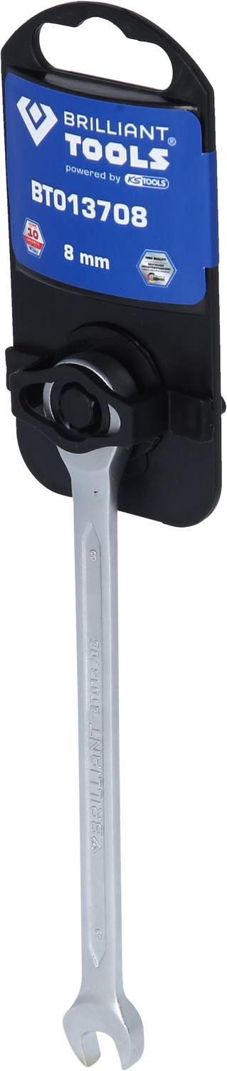 Ein 8 mm Schraubenschlüssel der Marke 'Brilliant Tools', befestigt an einer schwarzen Halterung mit Etikett und Seriennummer BT013708.
