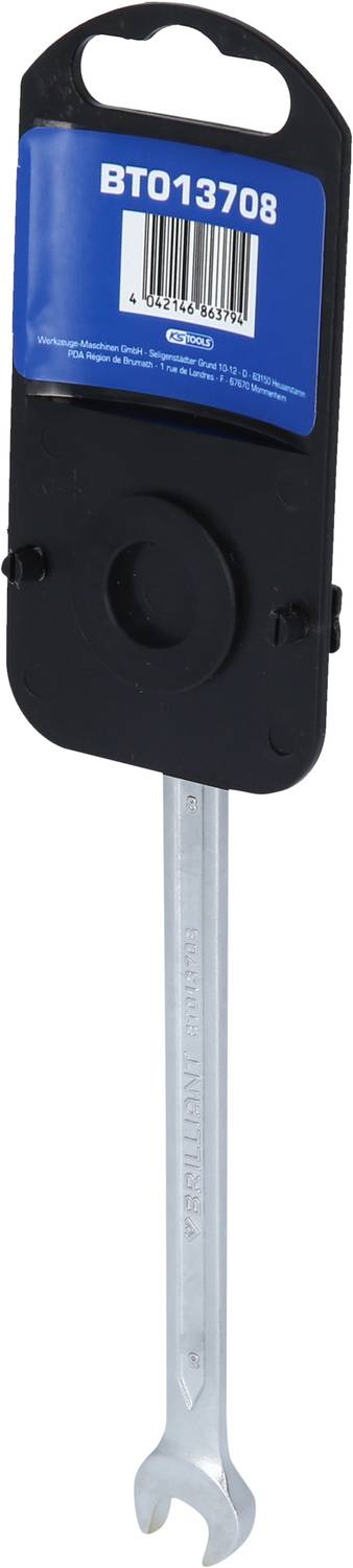 Ein silberner Schraubenschlüssel mit einer blauen Verpackung oben, die Produktinformationen enthält.