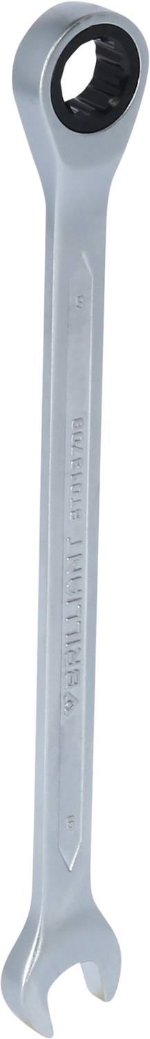 Ein silberner Schraubenschlüssel mit einer offenen und einer Ringschlüssel-Seite, geeignet zum Lösen oder Anziehen von Schrauben.