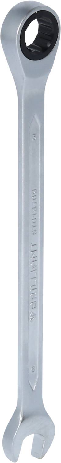 Ein silberner Maulschlüssel mit einem offenen Ende und einem Ratschenmechanismus am anderen Ende, zum Festziehen oder Lösen von Schrauben.