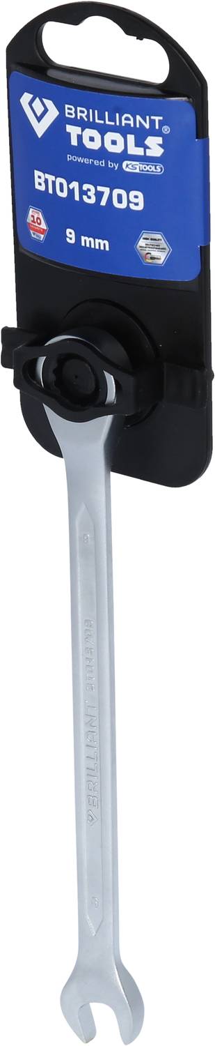 Ringschlüssel BT013709, 9 mm, von Brilliant Tools. Auf Kartonhalterung mit Logo und Produktspezifikationen.