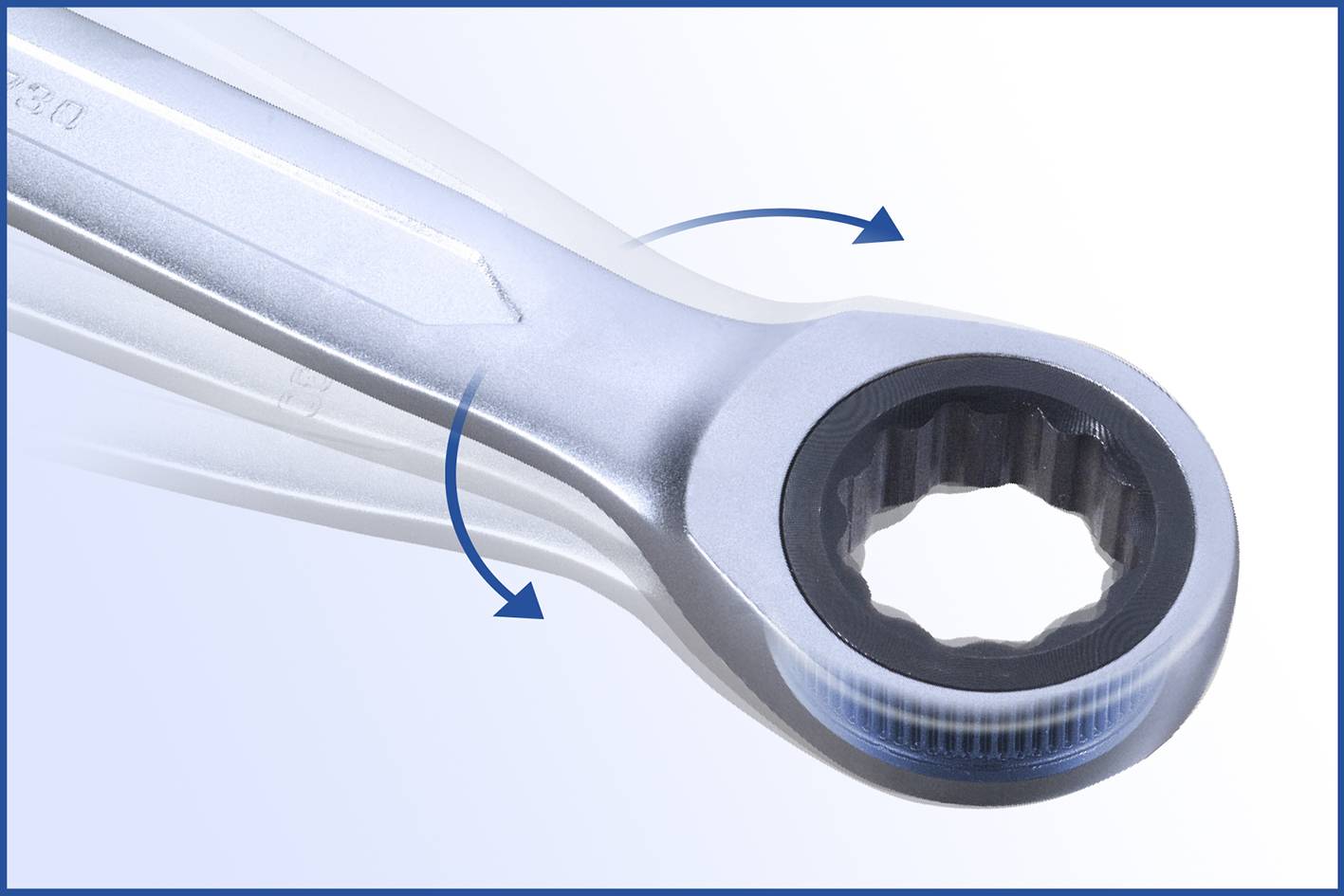 Schraubenschlüssel mit Ratsche zeigt Drehrichtungspfeile, die den Mechanismus und die Funktionsweise zum Lösen oder Anziehen von Schrauben verdeutlichen.