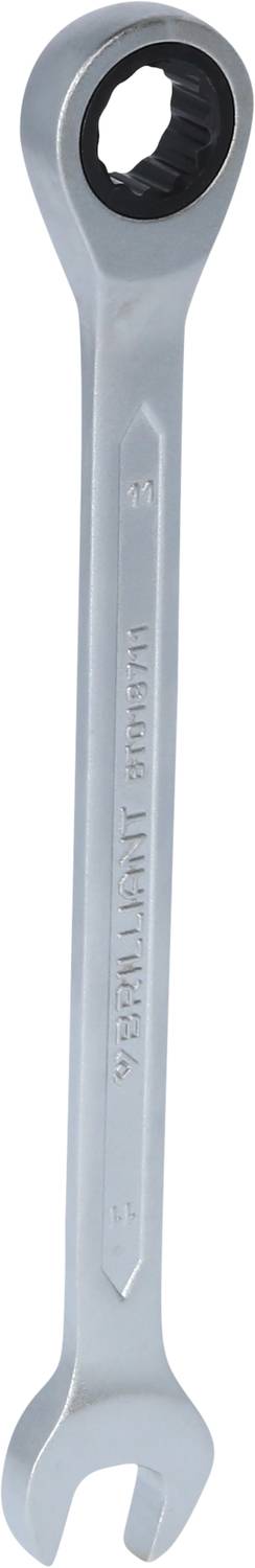 Ein silberner Maulschlüssel mit einem Ringschlüsselende und einer offenen Maulseite; Werkzeug zur Befestigung von Schrauben.