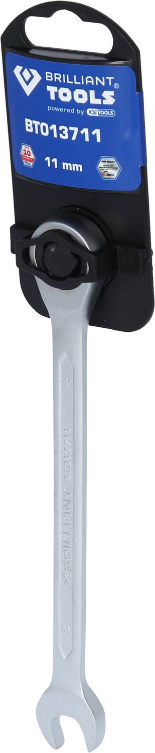 Ein offener Gabelschlüssel mit der Beschriftung 'Brilliant Tools BT013711 11 mm' und einem blauen Etikett, das befestigt ist.